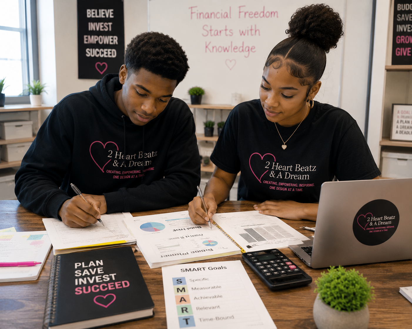 Two young women sitting at a desk working on financial planning documents. Both are wearing black t-shirts with a heart logo and motivational text. The background contains motivational quotes about financial freedom and achieving goals. On the desk are notebooks, charts, a calculator, and a laptop.