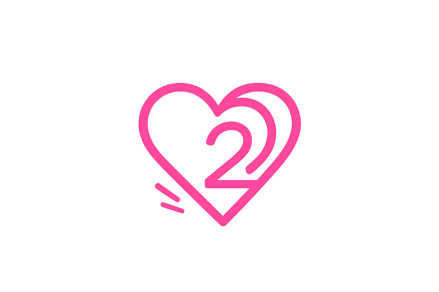 Pink neon outline of a heart with the number 2 inside it, indicating the number two.