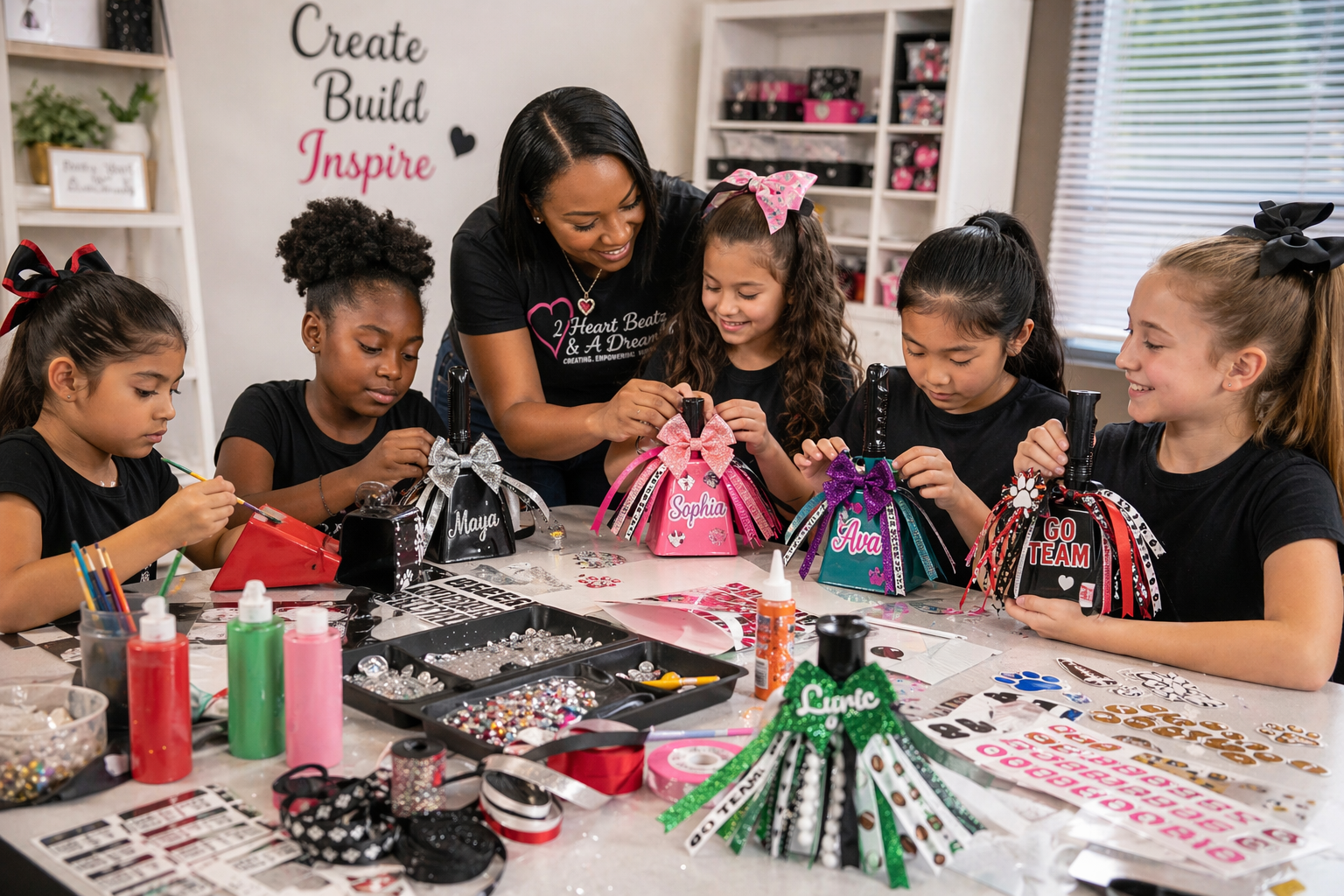 A group of young girls and a woman are sitting around a table decorated with various craft supplies, creating personalized decorated bottles for a craft activity in a brightly lit room.