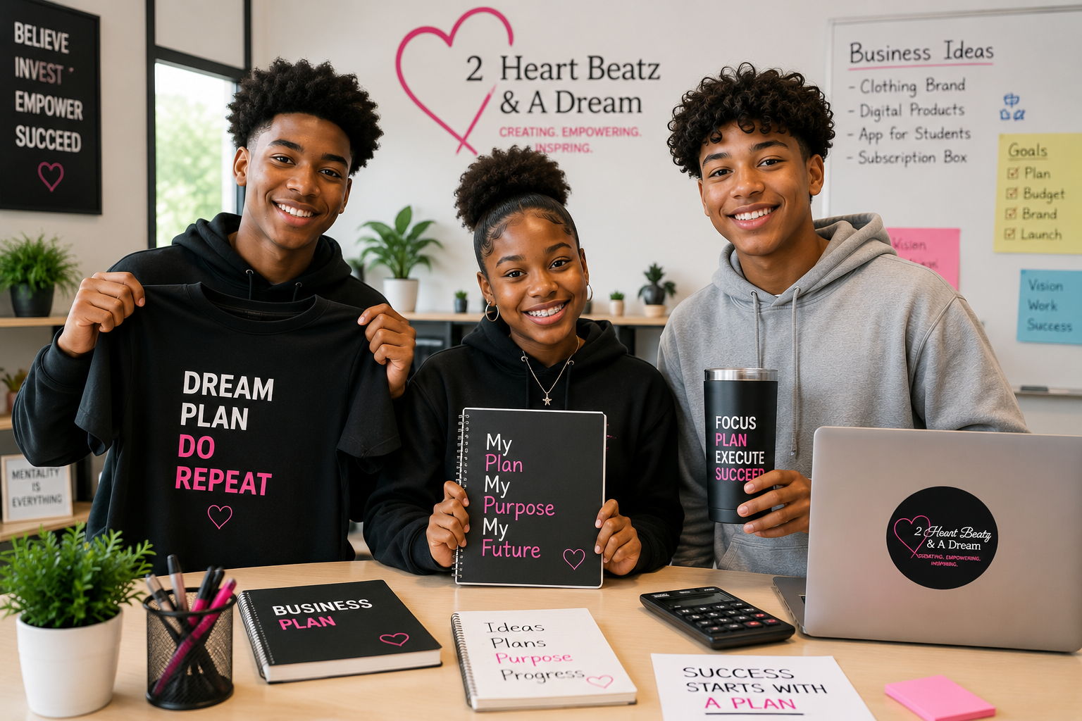 Three smiling young people in a classroom or office environment, displaying notebooks and a cup with motivational and planning slogans, surrounded by potted plants and colorful stationery, with motivational posters and a whiteboard in the background.