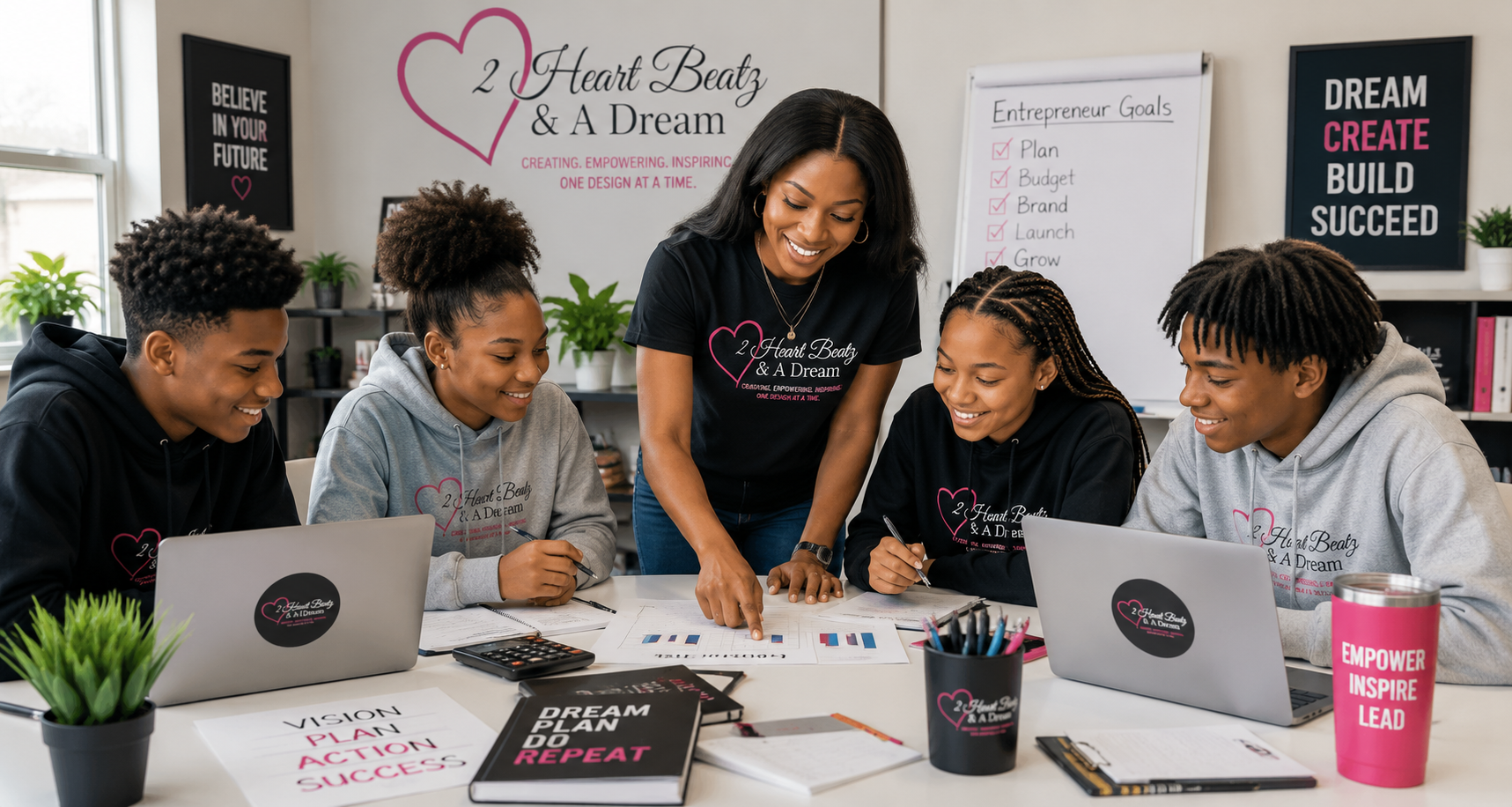 A woman and four young people working together at a table in an office or classroom setting. They are discussing documents and using laptops. The background has motivational posters, plants, and a whiteboard with an Entrepreneur Goals checklist.
