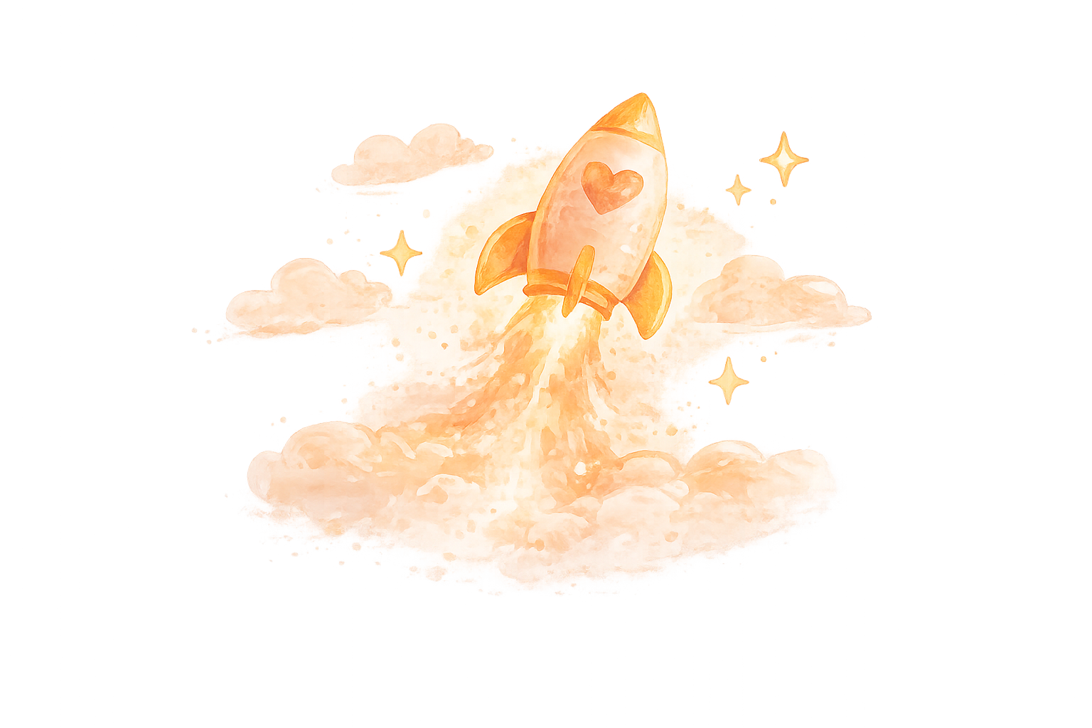 A cartoon-style illustration of a rocket with a heart symbol launching into the sky, surrounded by clouds and stars, in warm peach and orange tones.