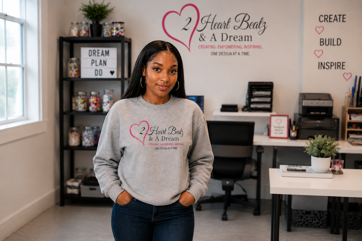 A woman standing in a craft room or office, wearing a gray sweatshirt that says '2 Heart Beatz & A Dream' with a pink heart and additional text. Behind her are shelves with jars of colorful candies and a wall with inspirational quotes related to creating, empowering, and inspiring.