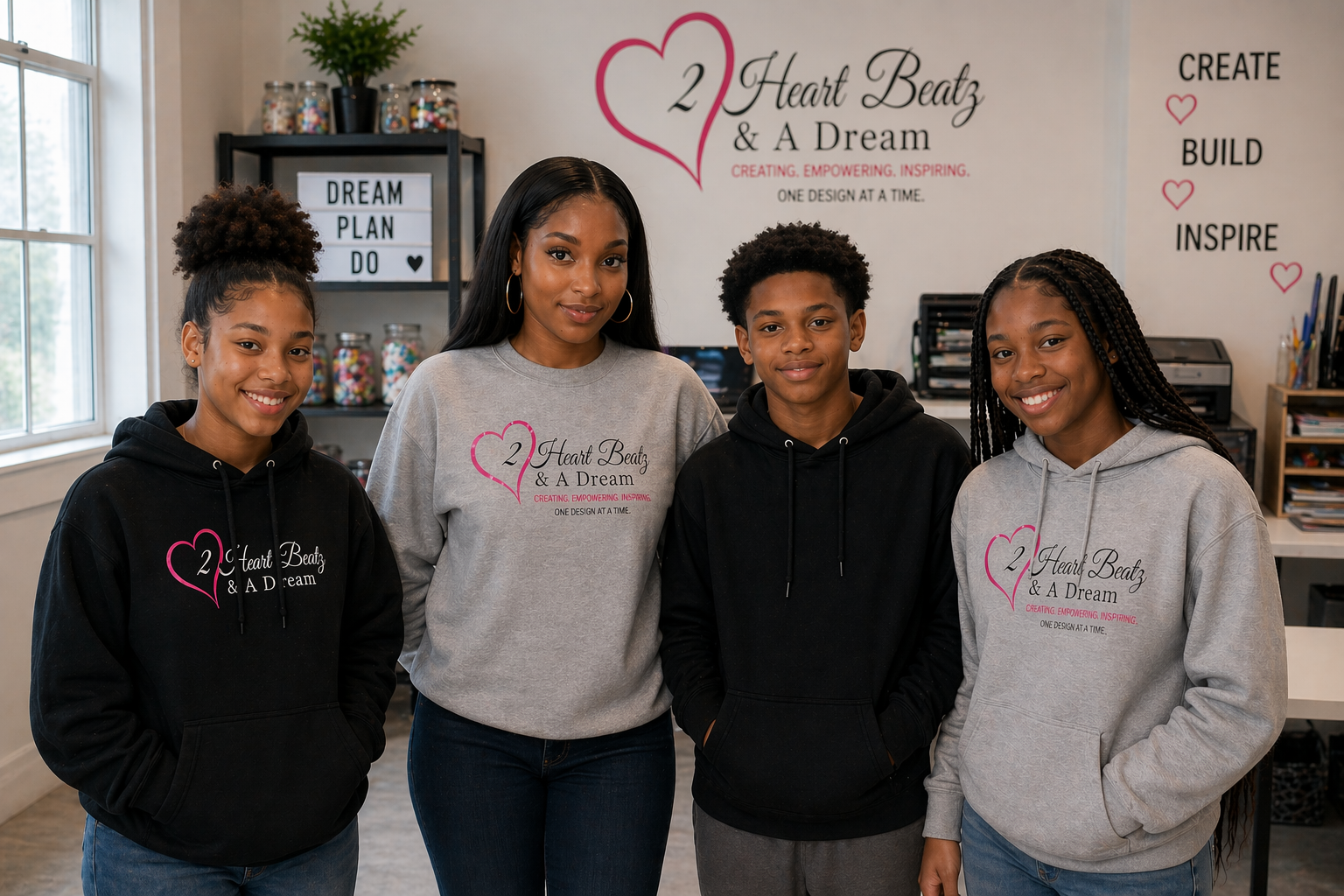 Four young people standing indoors, wearing hoodies and sweatshirts with a logo that reads '2 Heart Beatz & A Dream.' They are smiling and posing for the camera in a creative space with motivational signs on the wall.