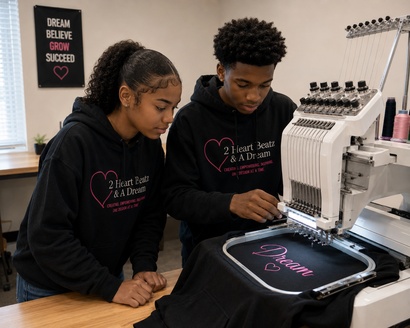Two young women working with embroidery machine, creating a design that says 'Dream' with pink script and hearts, in a workshop with motivational wall art.