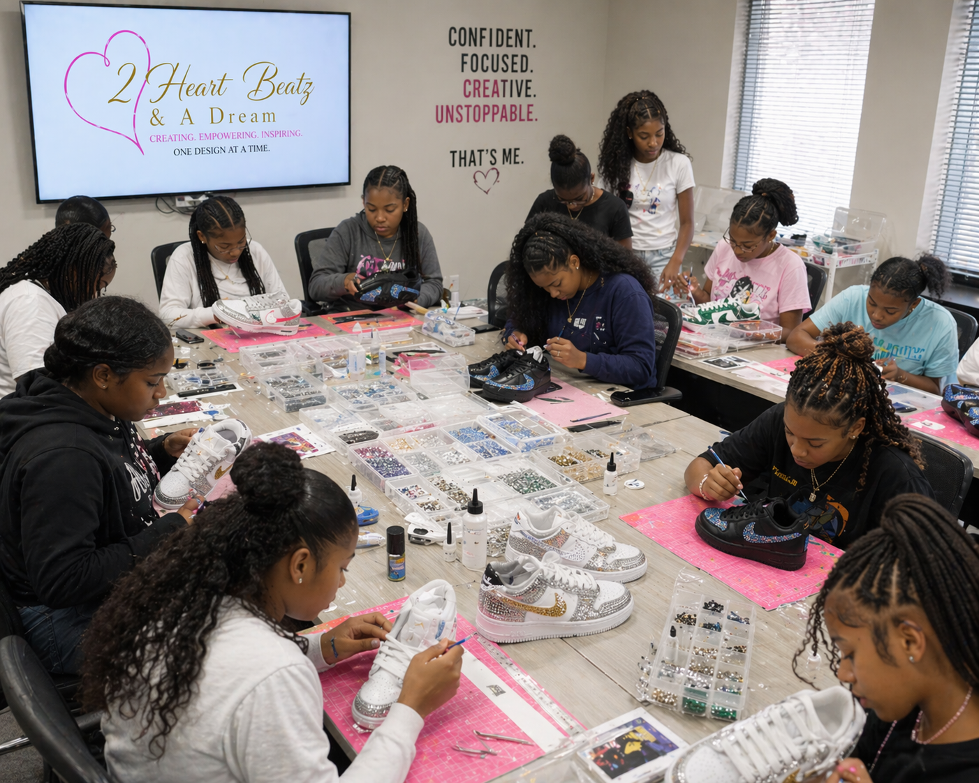 A group of young women and girls sitting around a table decorating sneakers with rhinestones and beads in a classroom or workshop setting.