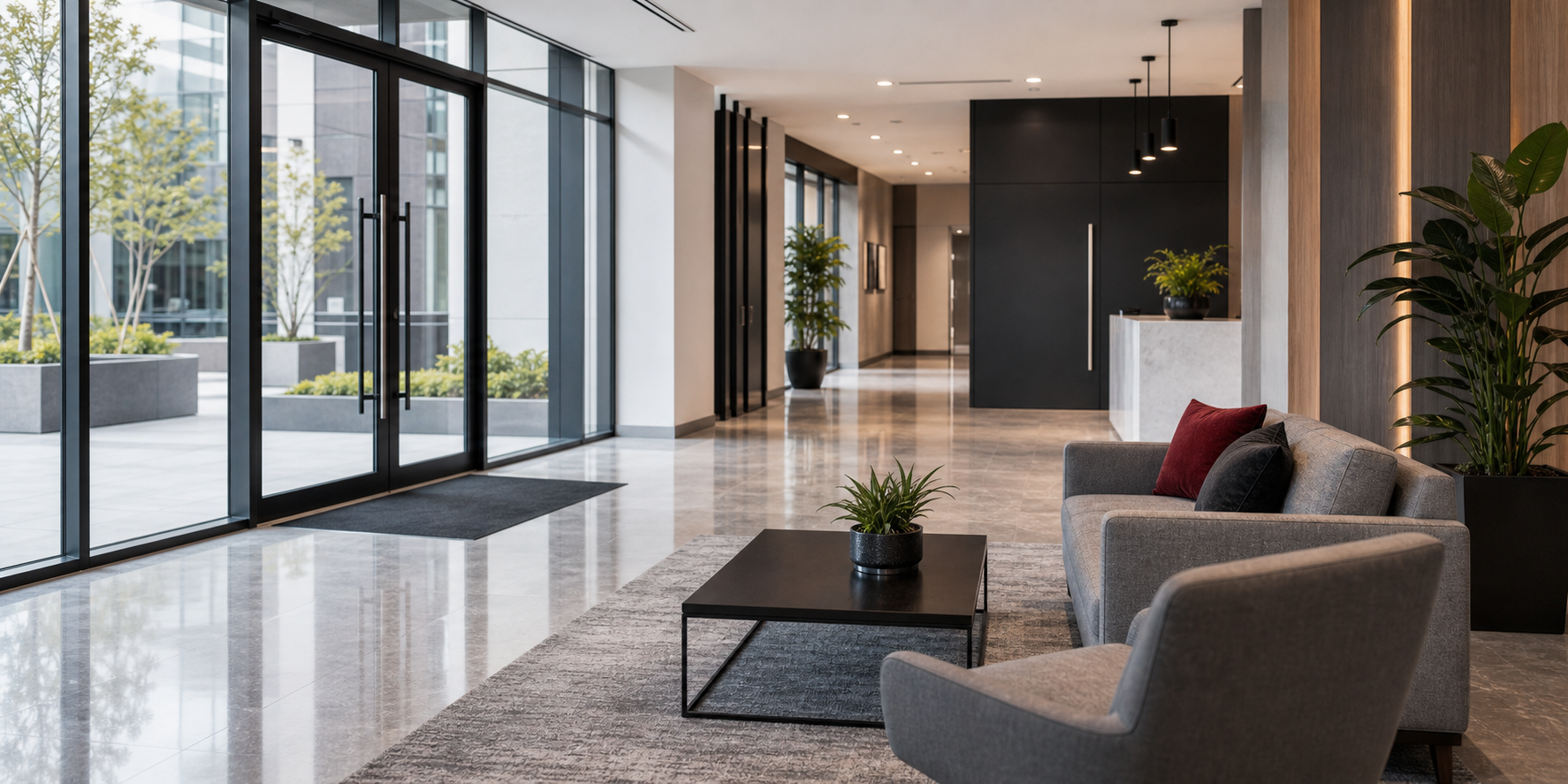Modern hotel lobby with large glass doors, marble floors, a seating area with a gray sofa and armchair, potted plants, and minimalistic decor.