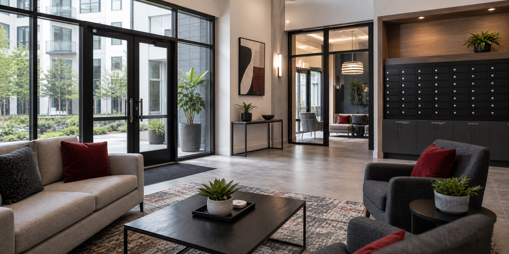 Modern building lobby with glass doors and large windows, seating area with sofa and armchairs, potted plants, wall art, and a storage locker, illuminated with natural and artificial light.