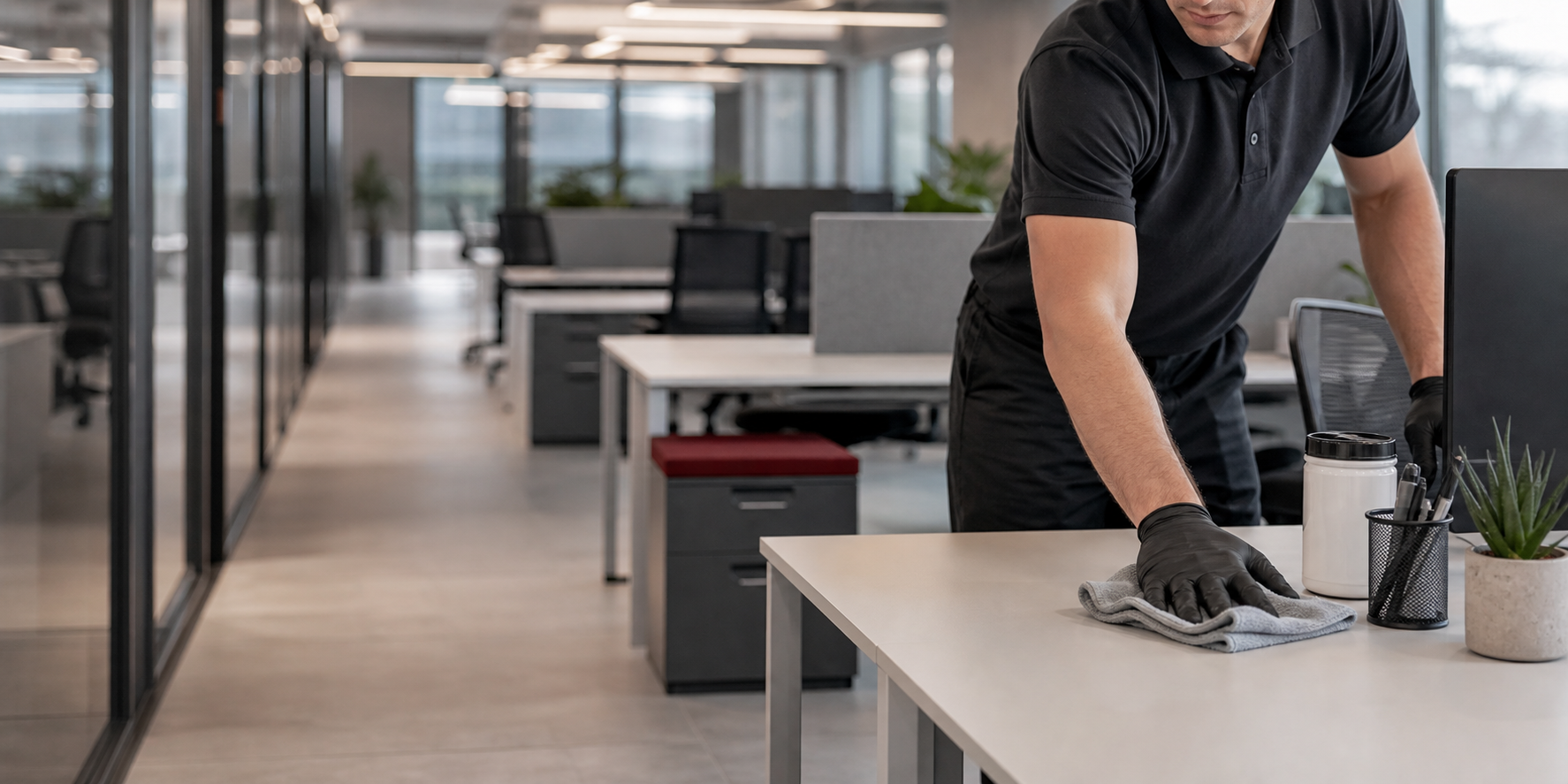 Man cleaning a desk with a cloth, wearing black gloves in an office setting.