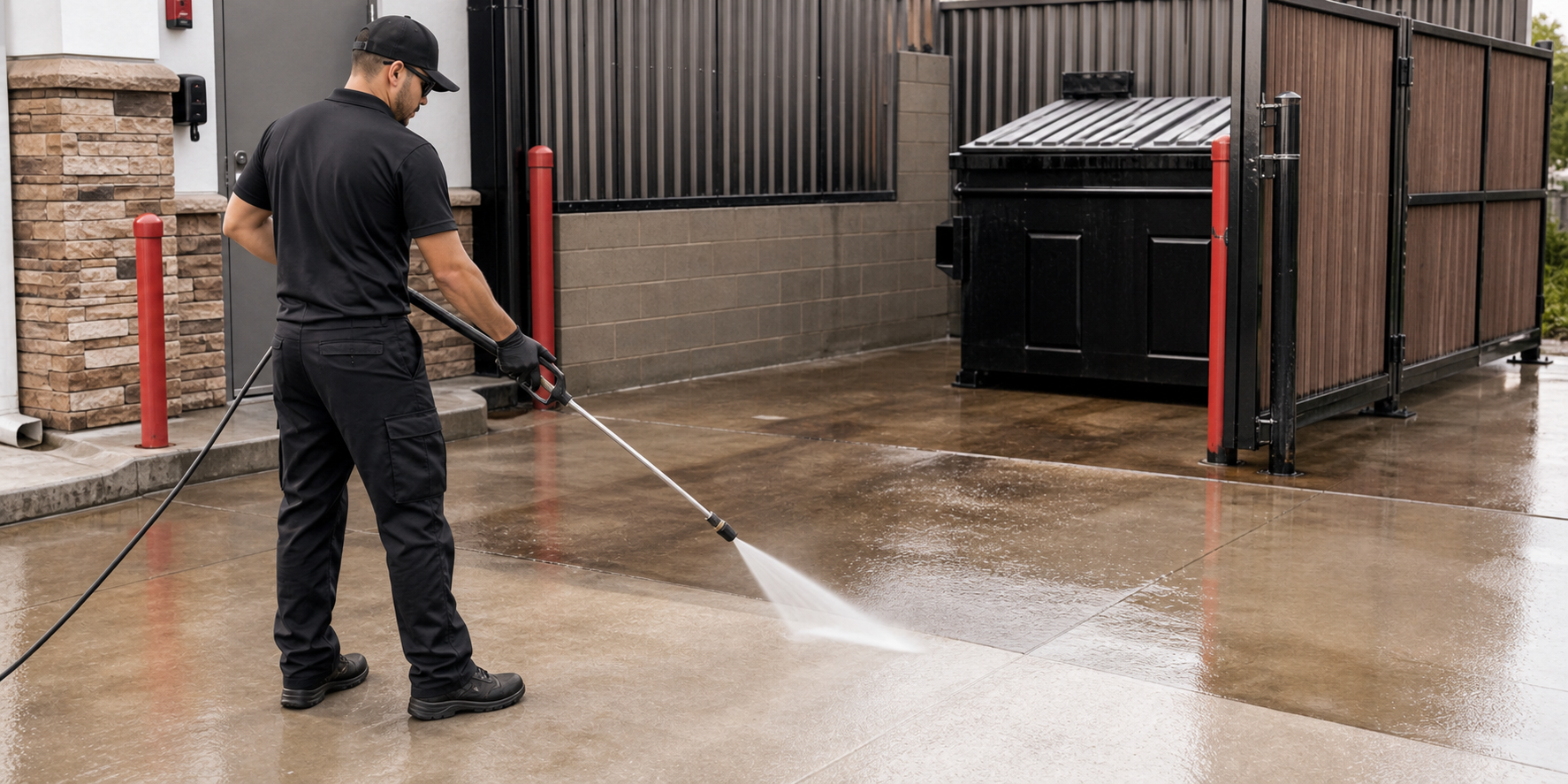 A man wearing black uniform and glove is pressure washing the wet concrete ground outside a building, with a large black trash container and fenced area nearby.