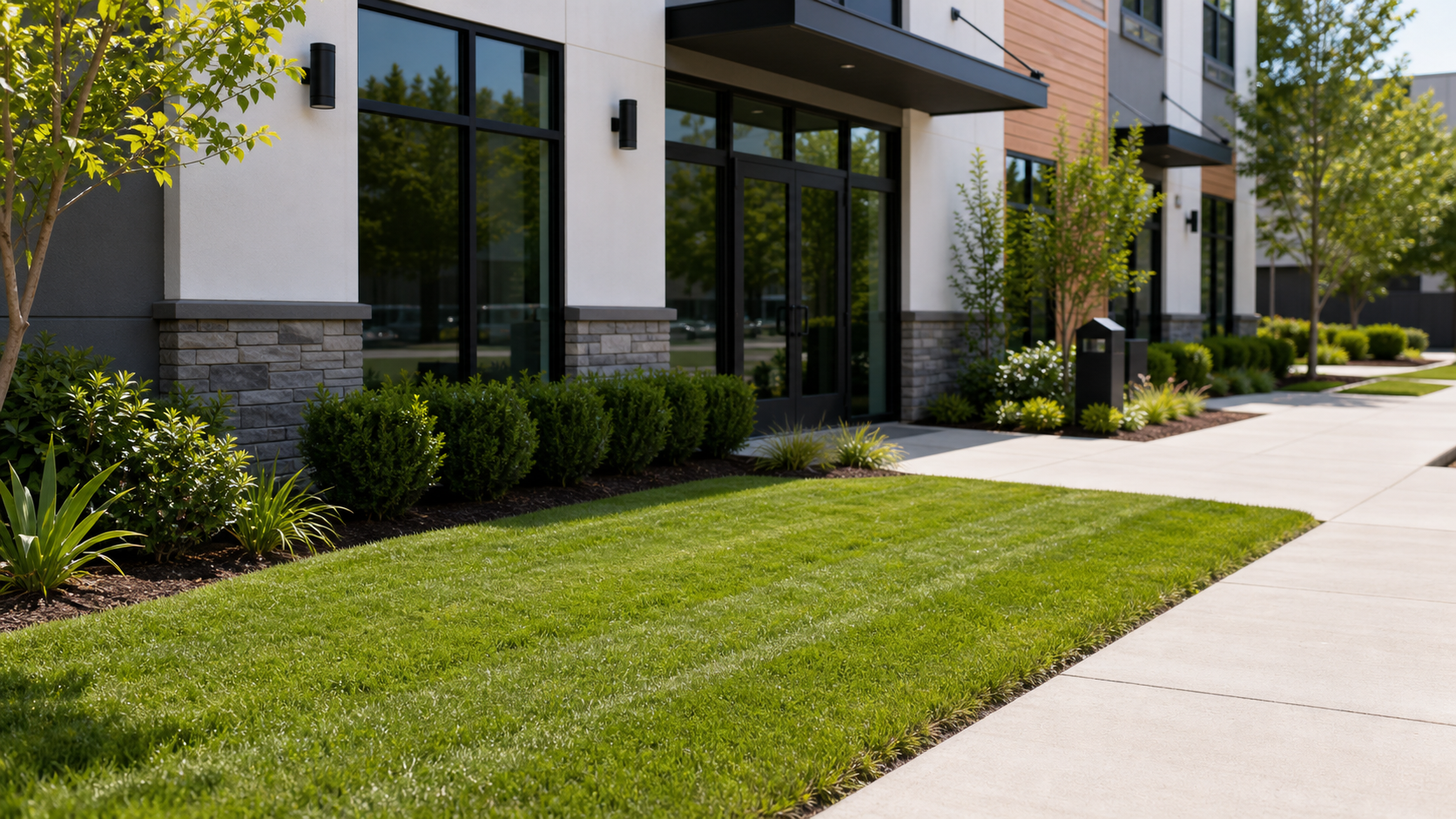 Modern apartment building with large glass doors, surrounded by landscaped greenery including trimmed grass, shrubs, and small trees, with a paved walkway.
