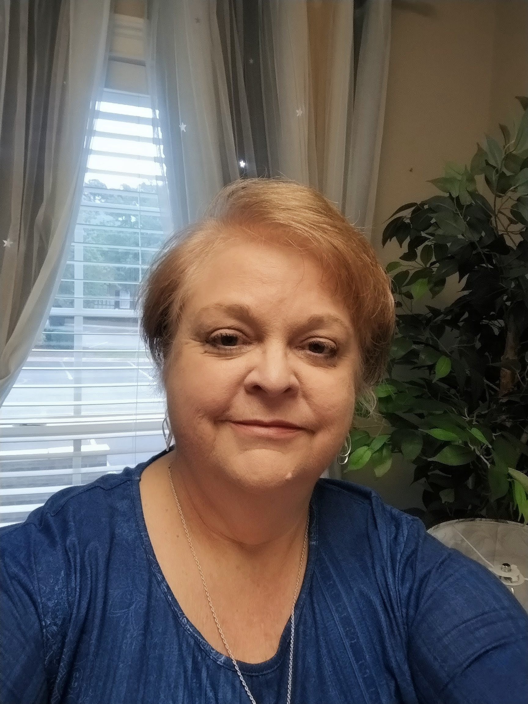 A woman with light skin and short reddish hair smiling at the camera, wearing a blue shirt and a gold necklace, sitting in front of a window with white blinds and sheer curtains, next to a green leafy plant.