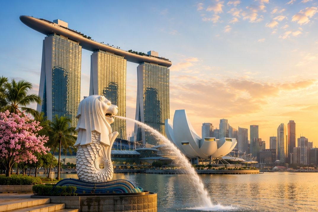 Singapore skyline at sunset featuring the Marina Bay Sands hotel, the Merlion statue, and the ArtScience Museum surrounded by water, palm trees, and pink flowering trees.