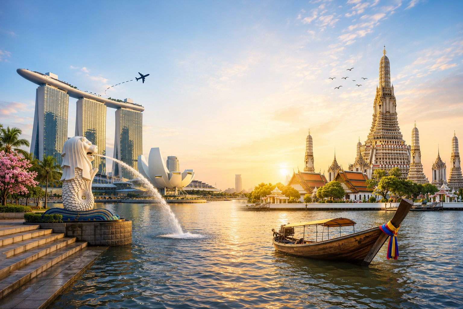 Sunset view of Singapore skyline with Marina Bay Sands hotel, ArtScience Museum, Merlion statue, traditional boat, and Chao Phraya Buddha temple, with a clear sky and flying birds.