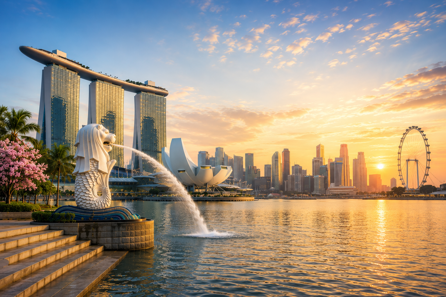 Singapore skyline at sunset featuring Marina Bay Sands hotel, Merlion statue, and Singapore Flyer