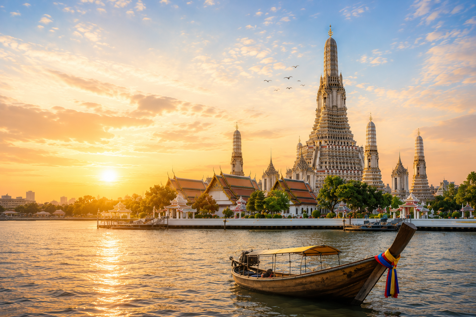 Sunset over a historic temple with a boat on the river in the foreground.