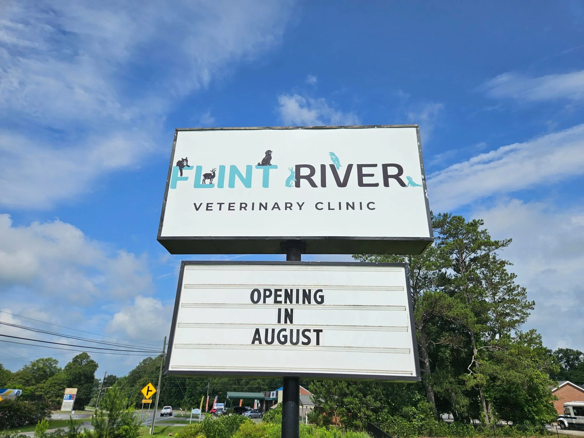 Sign for Flint River Veterinary Clinic with colorful silhouettes of animals, blue sky with clouds, and trees in the background.