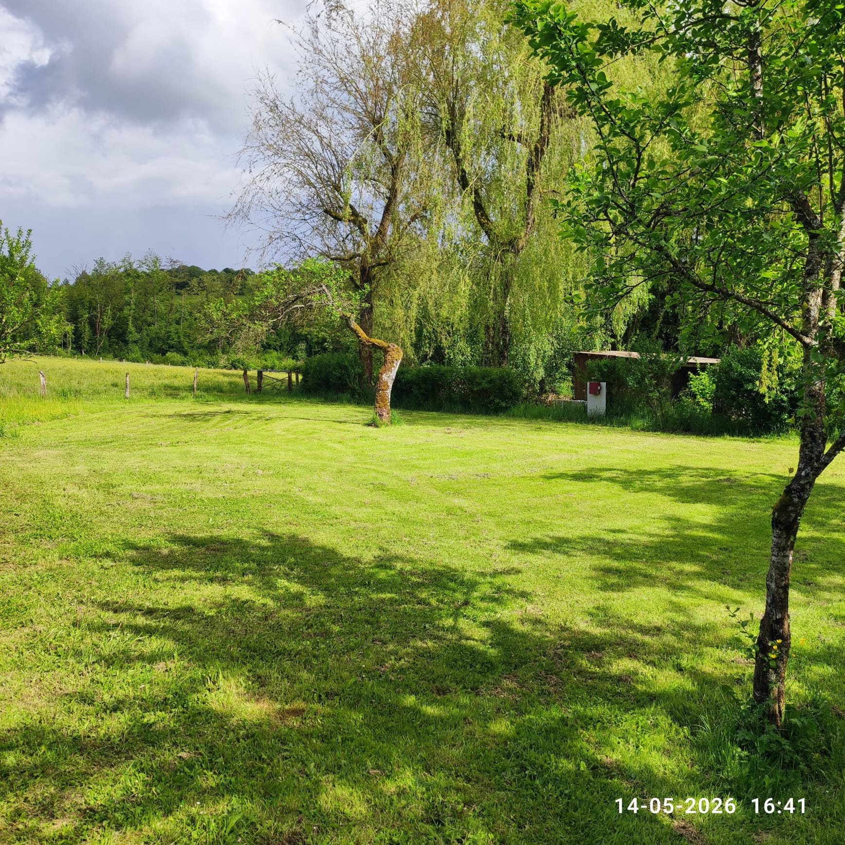 Een zonnige weide met groene gras en diverse bomen, links een houtfence, op de achtergrond bos en bewolkte hemel, rechts een schuilhut of klein gebouw, onderaan een datum en tijd: 14-05-2026 16:41.