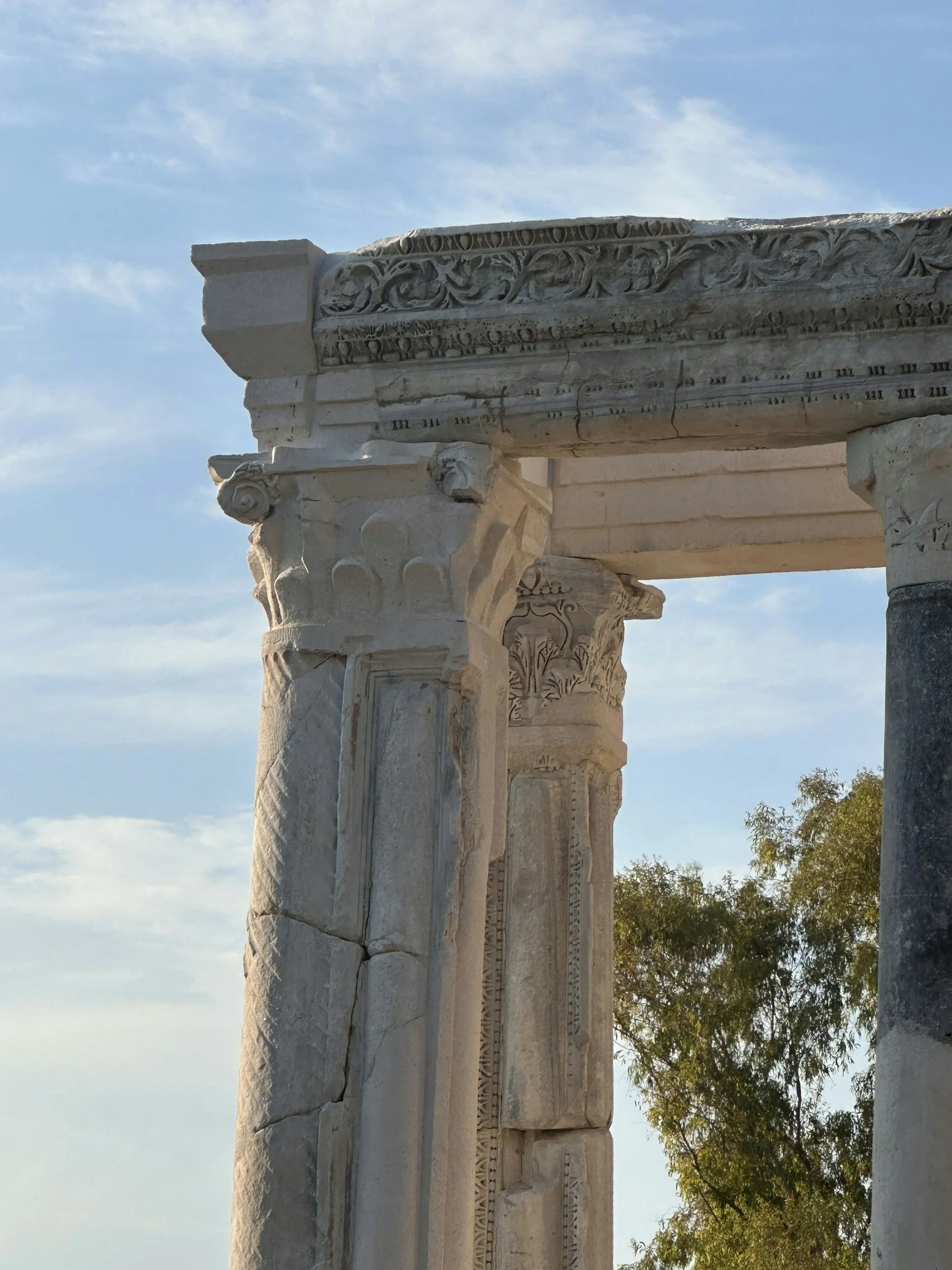 Ancient white stone columns with detailed carvings, likely part of a classical Greek or Roman temple, against a blue sky with some clouds and trees in the background.