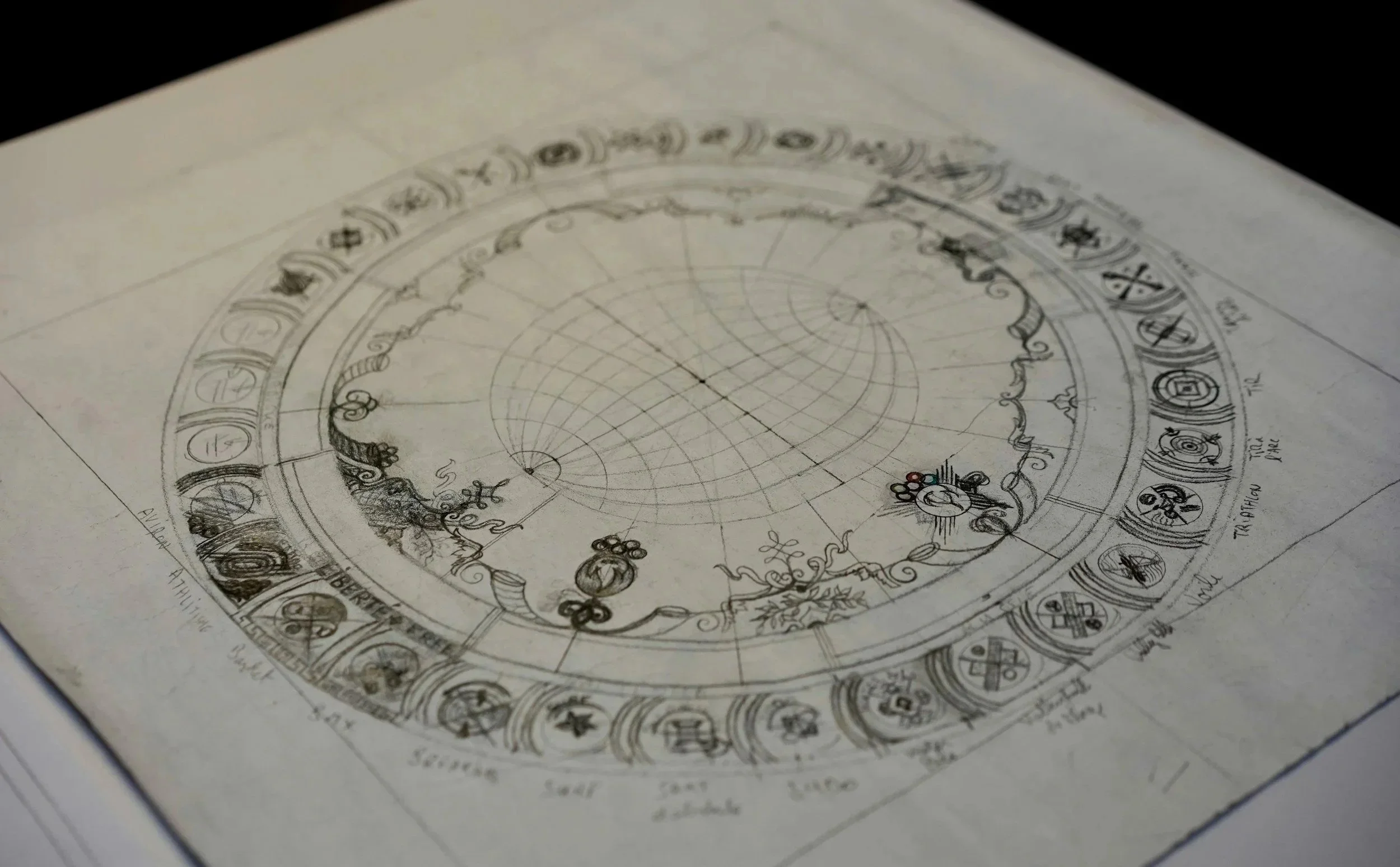 A detailed circular diagram or chart with various symbols and illustrations, some with handwritten labels and notes around it.