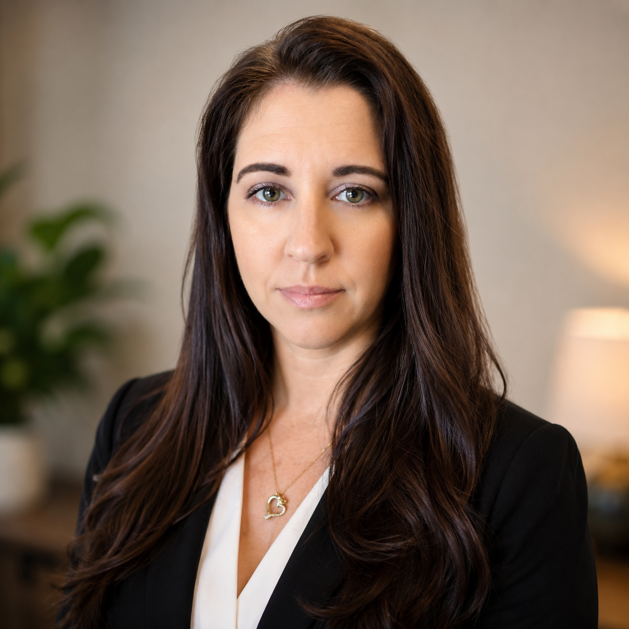 A woman with long dark hair and blue eyes wearing a black blazer and white blouse, with a gold necklace that has a heart-shaped pendant, standing indoors with a background featuring a blurred houseplant and lamp.