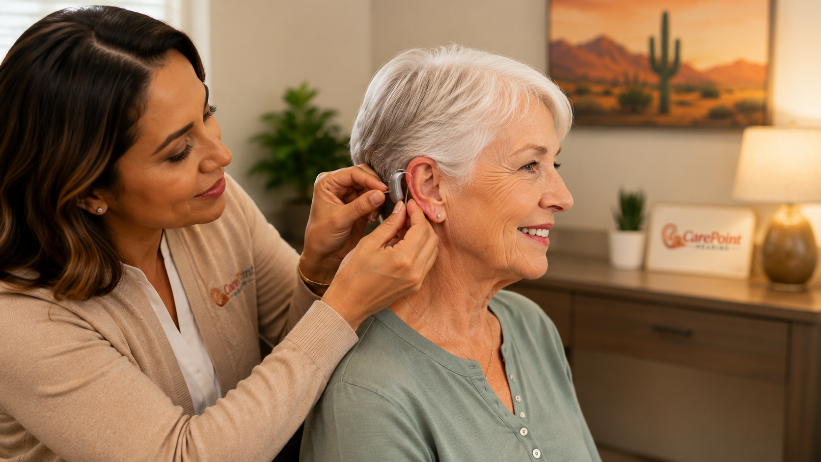 A caregiver helping an elderly woman insert a hearing aid in her ear in a cozy room with desert-themed artwork, a lamp, and potted plants.