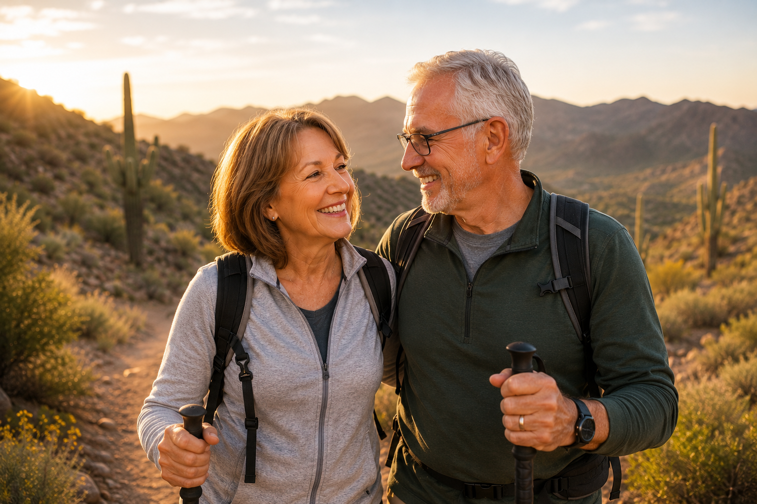 An older couple hiking together through a desert landscape at sunset, smiling and looking at each other, with mountains and cacti in the background.