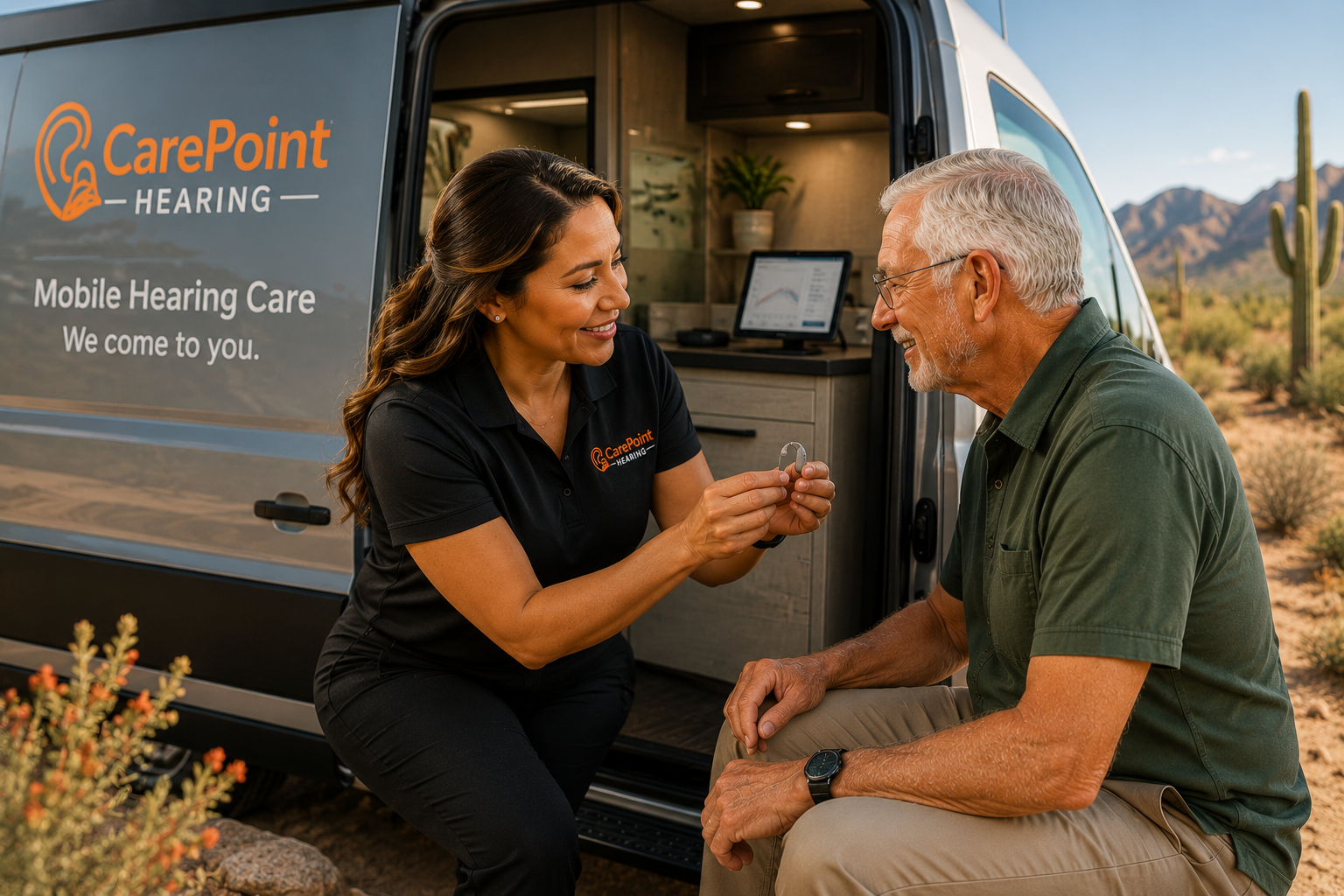 A woman in a CarePoint Hearing shirt helps an older man with his hearing aid outside a mobile hearing care van in a desert landscape with cacti and mountains.