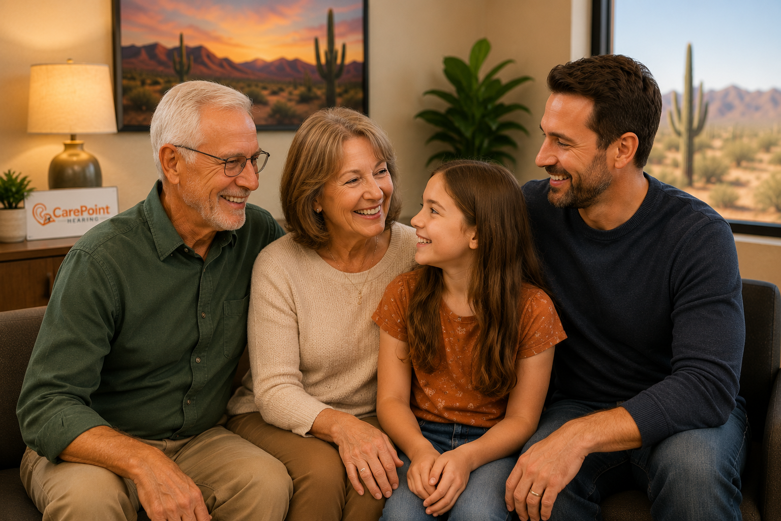A family of four sitting together in a room with desert landscape views, smiling and looking at each other.