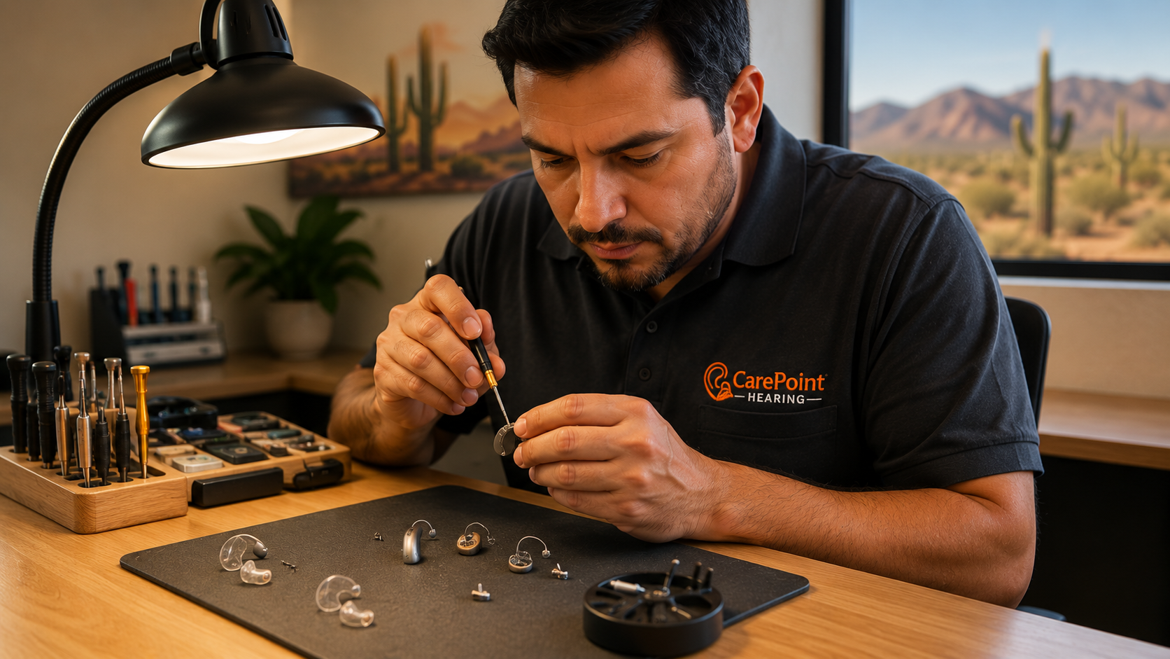 A man wearing a black CarePoint Hearing shirt repairs hearing aids at a desk with various tools and hearing aid components, with a desert landscape visible through the window behind him.