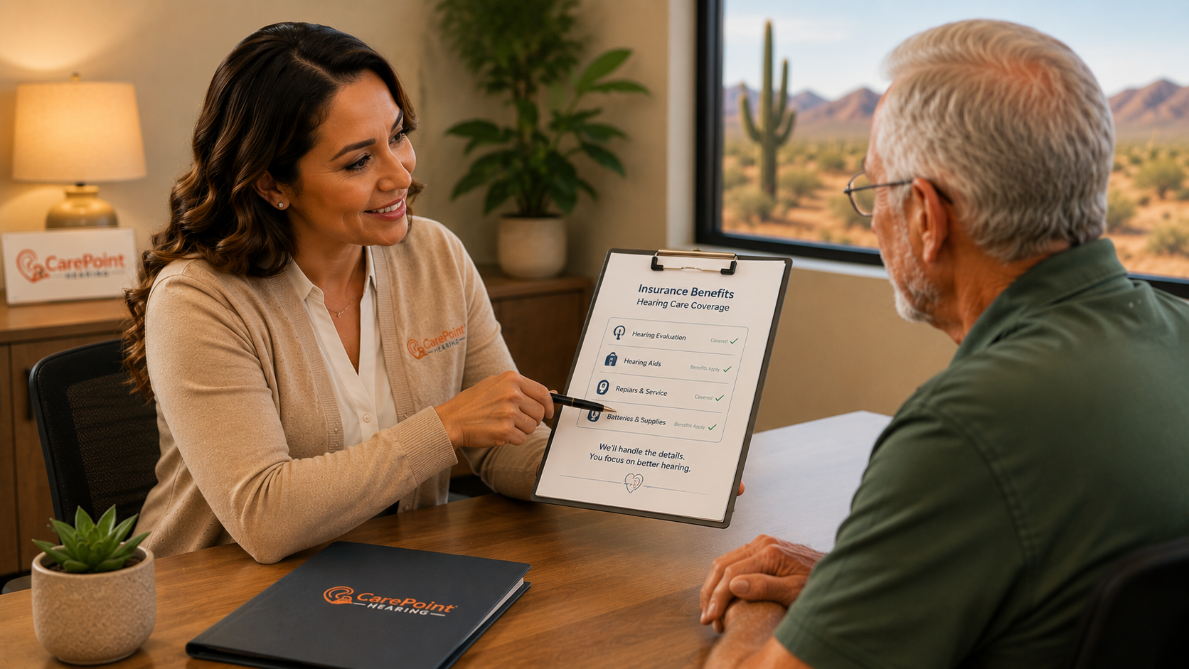 A woman in a beige cardigan and white shirt shows a clipboard with insurance benefits to an older man with gray hair and glasses, sitting at a wooden table in an office with desert landscape visible through the window.