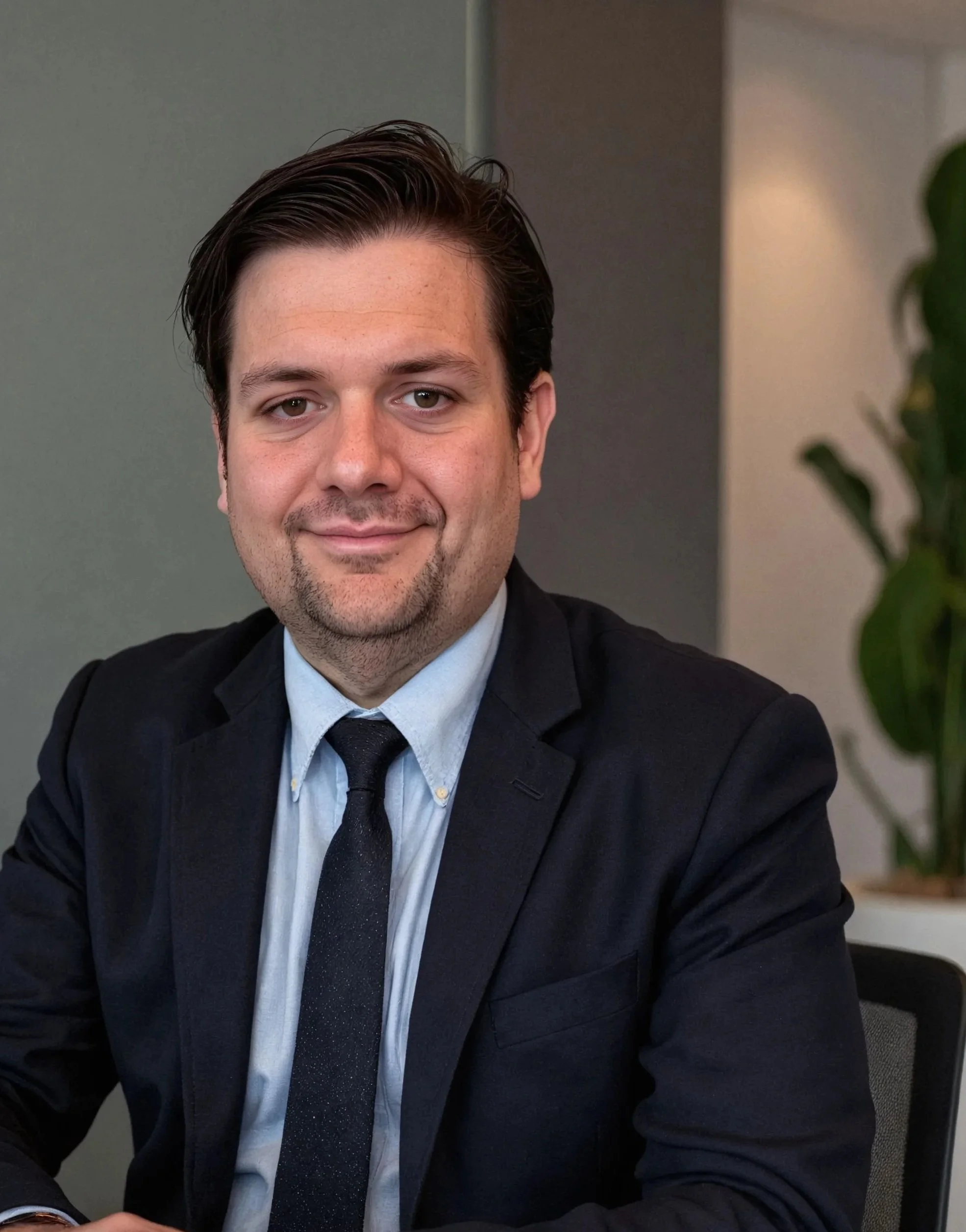 Close-up of a smiling man with dark hair, dressed in a suit, seated at a desk in an office. Part of a green plant is visible on the right side.
