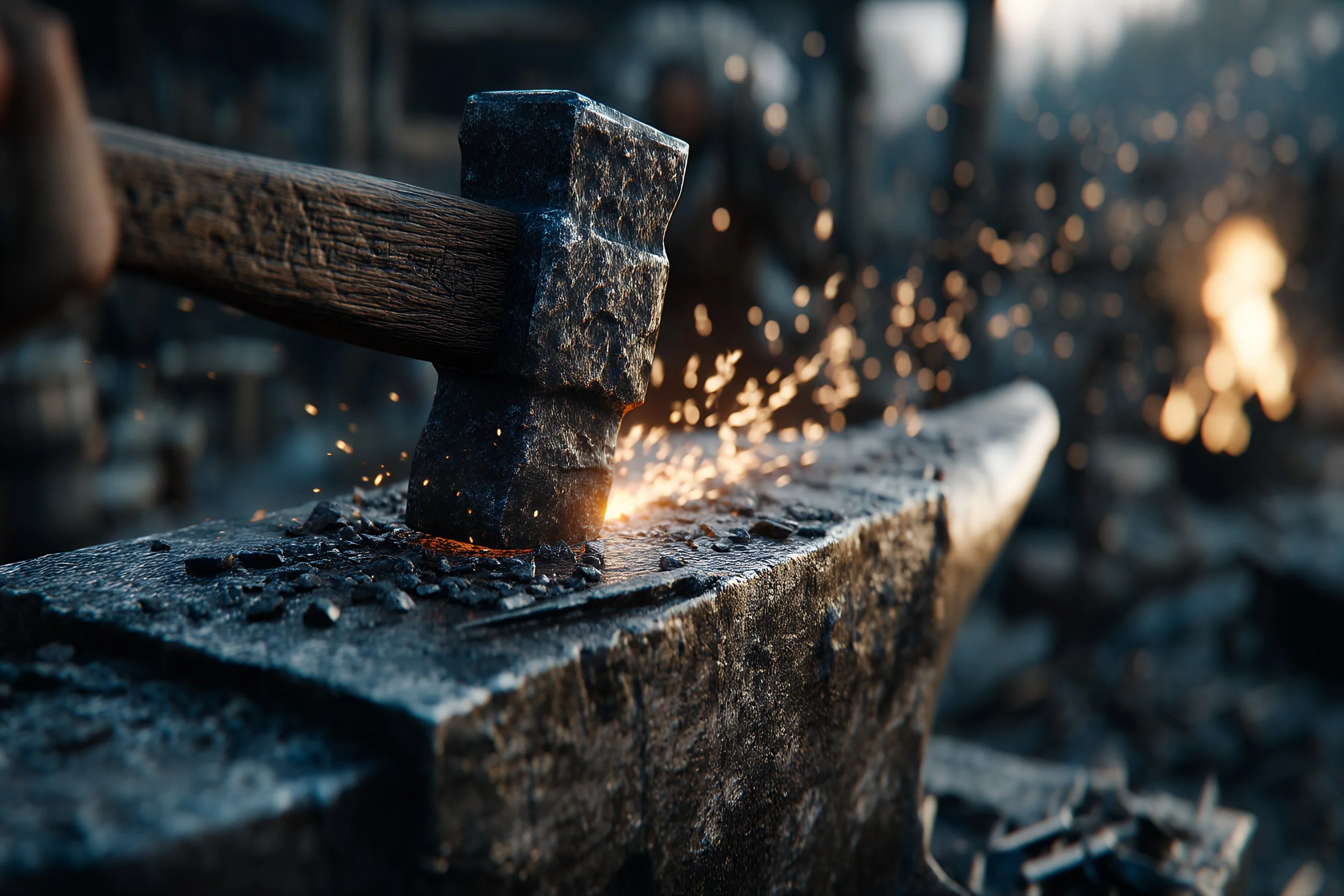 Close-up of a blacksmith hammer striking a piece of metal, sparks flying, during metal forging outdoors.