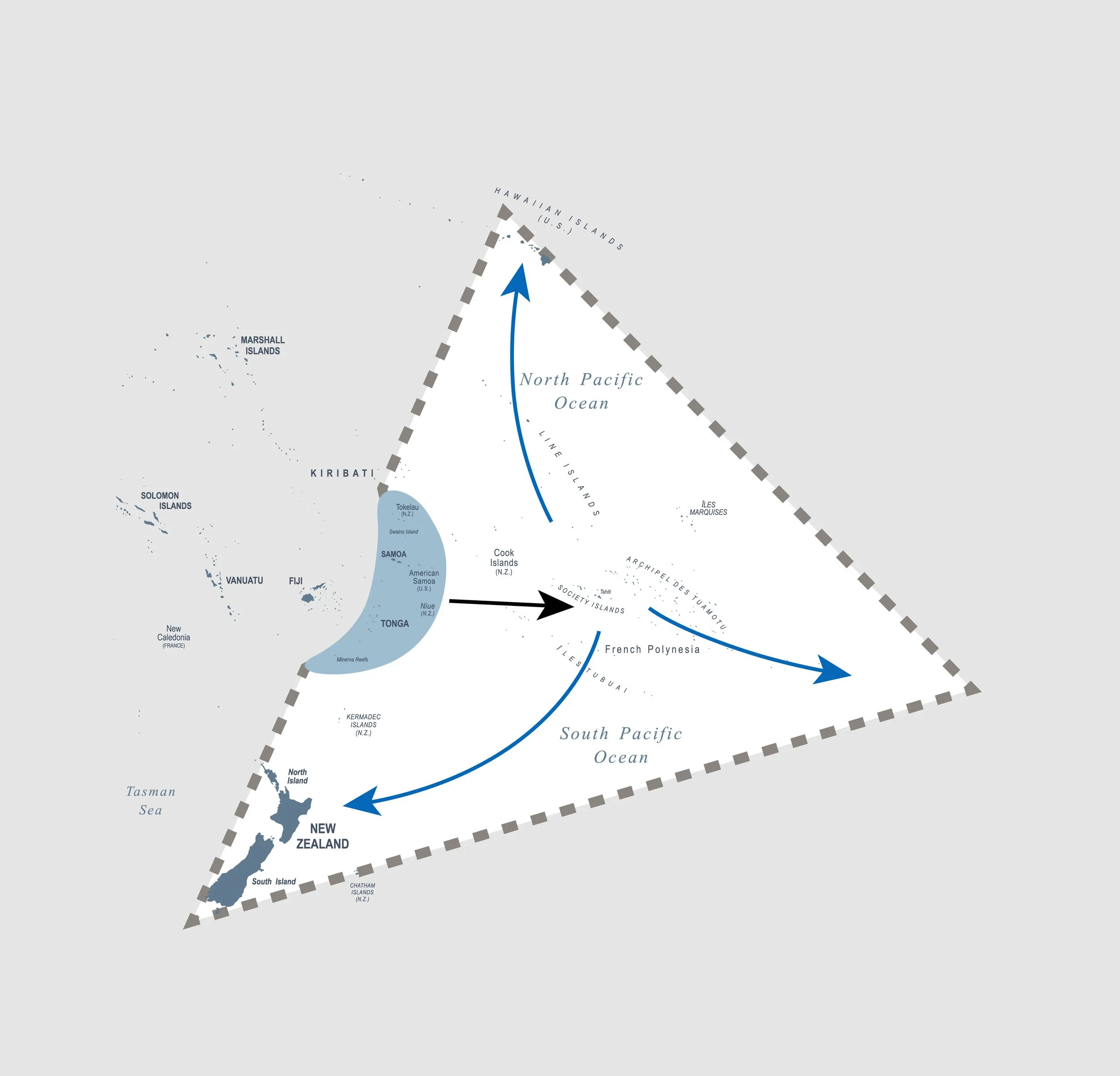 Sea Turtle Migration Map in the Pacific Ocean, with islands such as Marshall Islands, Solomon Islands, Samoa, Tonga, Fiji, Vanuatu, New Caledonia, and the Kermadec Islands, and marked with directional arrows.
