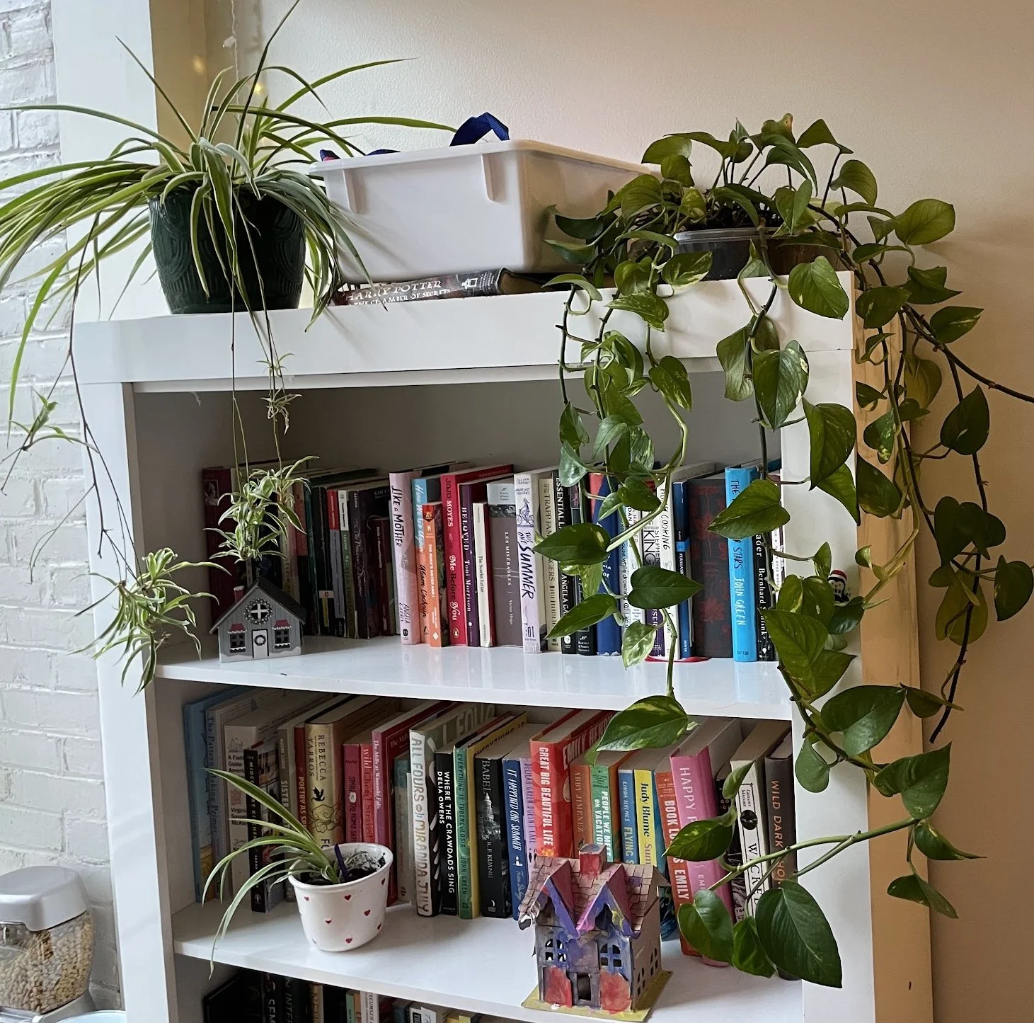 White bookshelf with three shelves filled with books, decorated with potted plants on top, a small house-shaped ornament, and a colorful paper house craft in front.