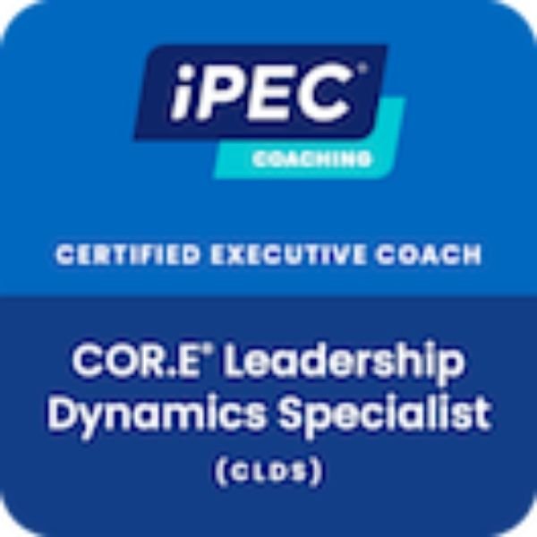 Blue background with white text and logo, reading 'iPEC Coaching Certified Executive Coach CORE Leadership Dynamics Specialist (LDS)'.