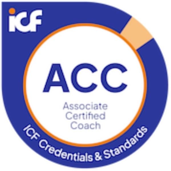 ICF Associate Certified Coach badge with blue and orange colors, featuring the ICF logo and text indicating credentials and standards.