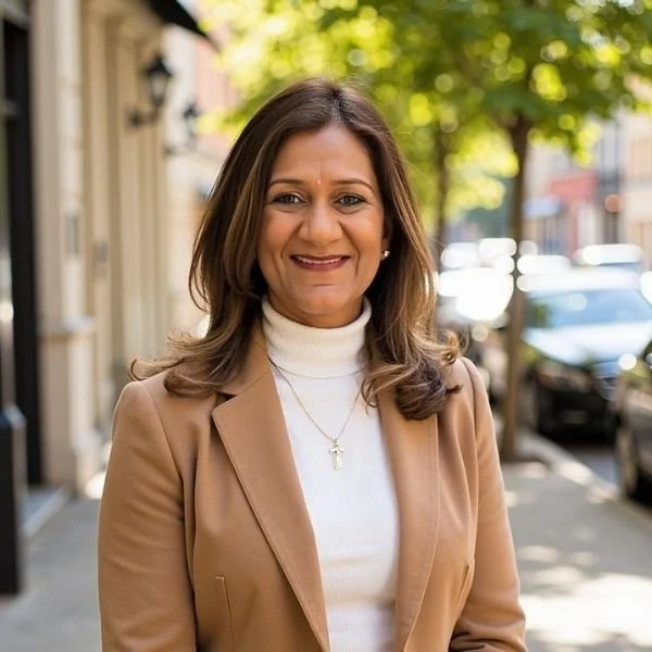 Monica Maheshwari, Career & Life Coach, smiling outdoors on a city street.