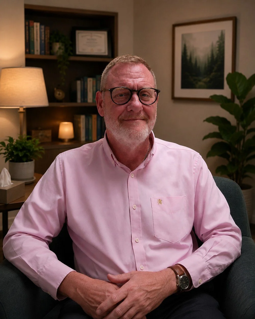 An older man with glasses and a white beard, wearing a pink button-up shirt, sitting in a cozy, well-lit room with bookshelves, framed artwork of a forest, and indoor plants.