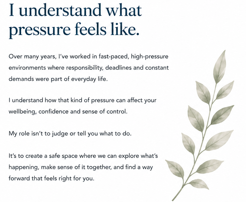 Text on a white background with a gray-green leafy branch on the right. The text discusses understanding pressure and creating a safe space for exploration.