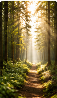 A sunlit forest trail with tall trees and green foliage.