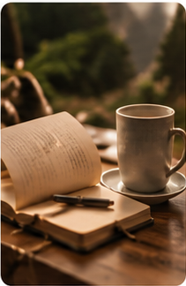 Open notebook with a pen, a ceramic mug on a saucer, and a mountain landscape view in the background.