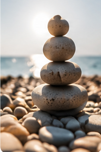 Stack of five smooth, rounded stones arranged vertically on a rocky beach, with the ocean in the background and the sun shining brightly behind the stones.