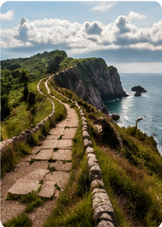 A winding stone path along a green cliffside overlooking the ocean with cloudy skies.
