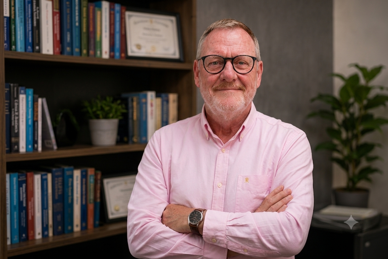 A smiling older man with glasses and a beard, wearing a pink button-up shirt, standing with arms crossed in front of a bookshelf with books, framed certificate, and a potted plant in an office.
