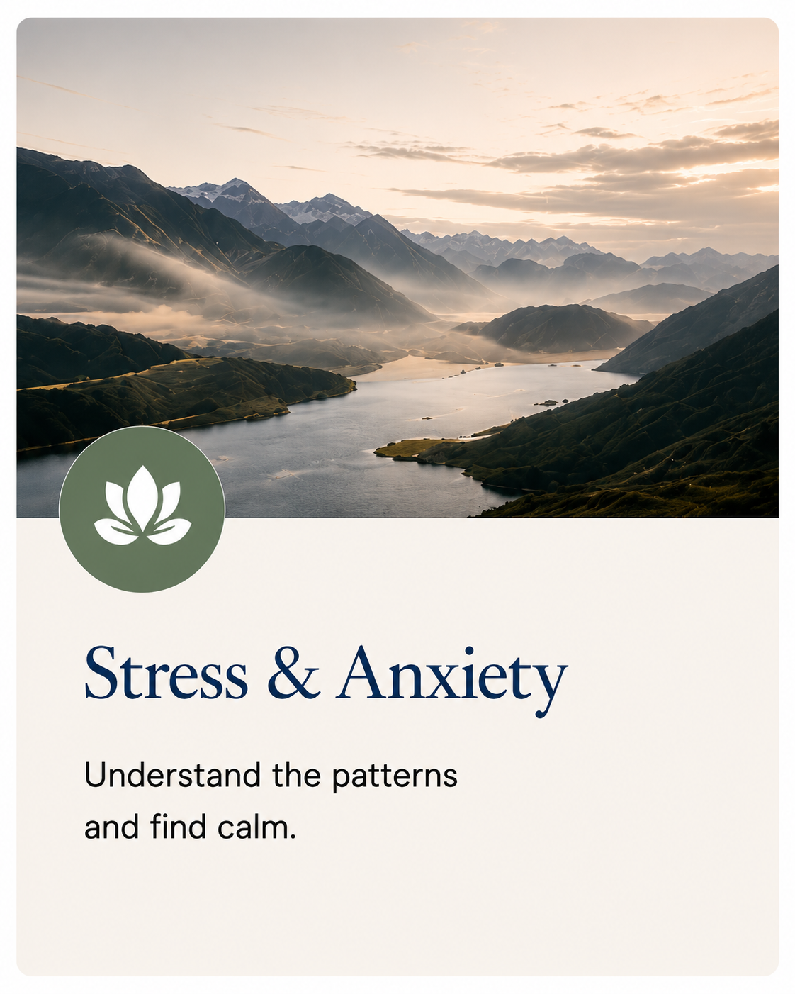 A serene landscape of mountains and a river at sunrise, with fog and clouds in the sky, promoting a guide on stress and anxiety management.