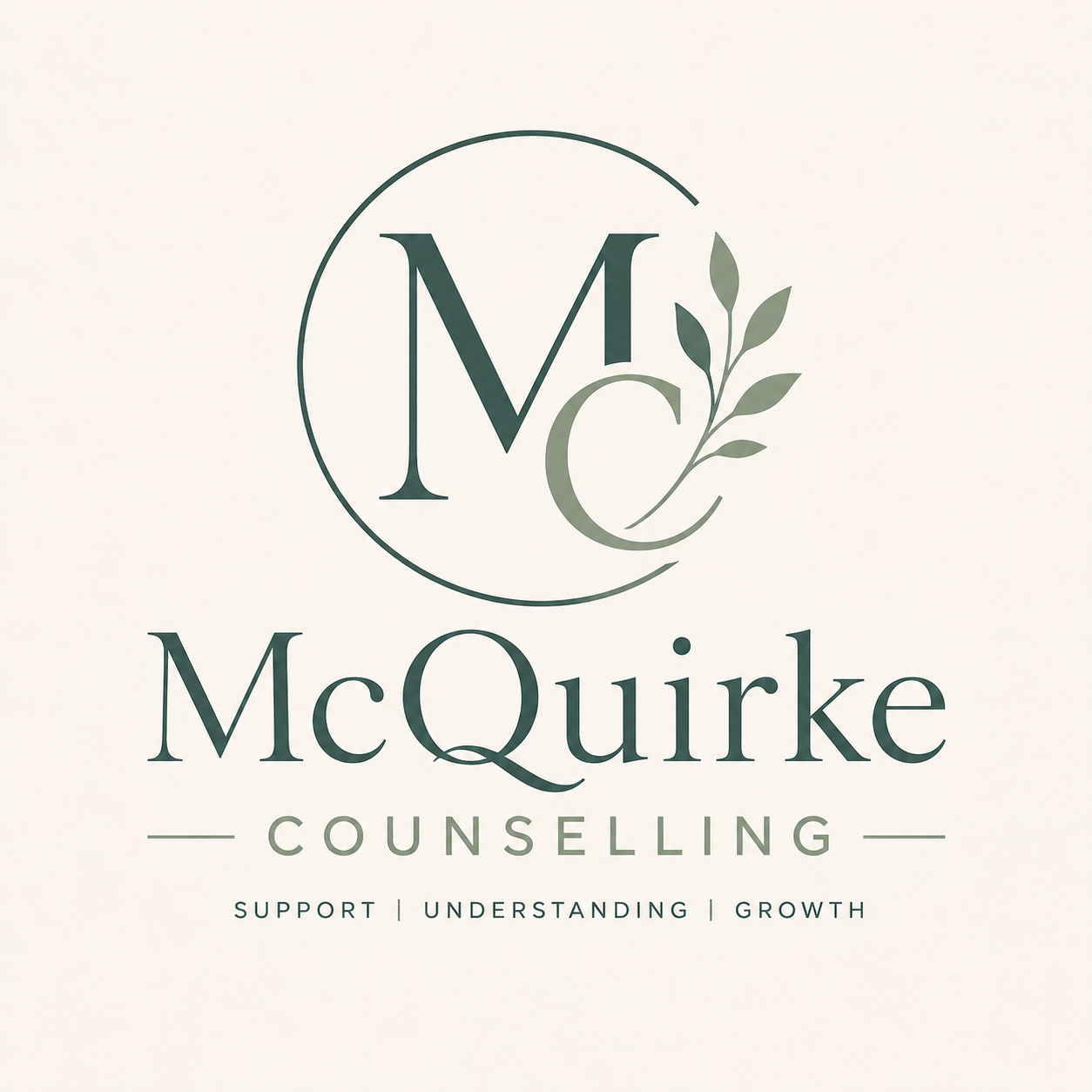 Logo for McQuirke Counseling featuring a monogram 'M' and 'C' with a leaf design, and words 'Support, Understanding, Growth'.