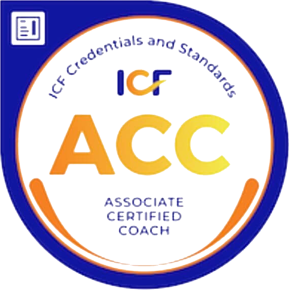 ICF Credentials and Standards logo with ACC Associate Certified Coach badge surrounded by a dark blue circular border.