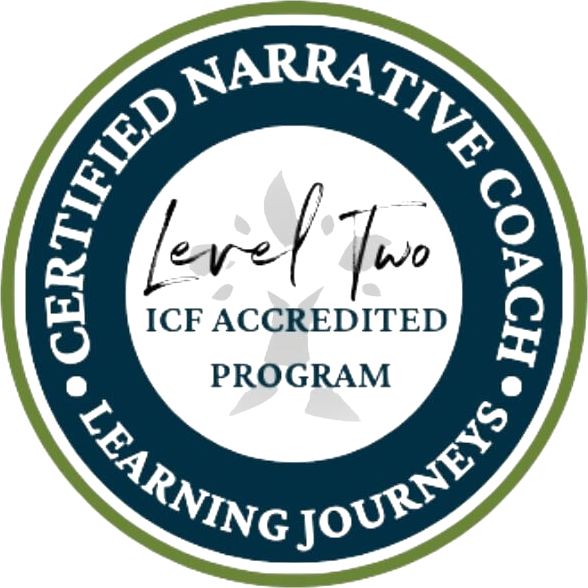 Seal indicating Level Two Ice Accredited Program certification from Certified Narrative Coach, surrounded by the phrases 'LEARNING JOURNEYS' and 'CERTIFIED NARRATIVE COACH'.