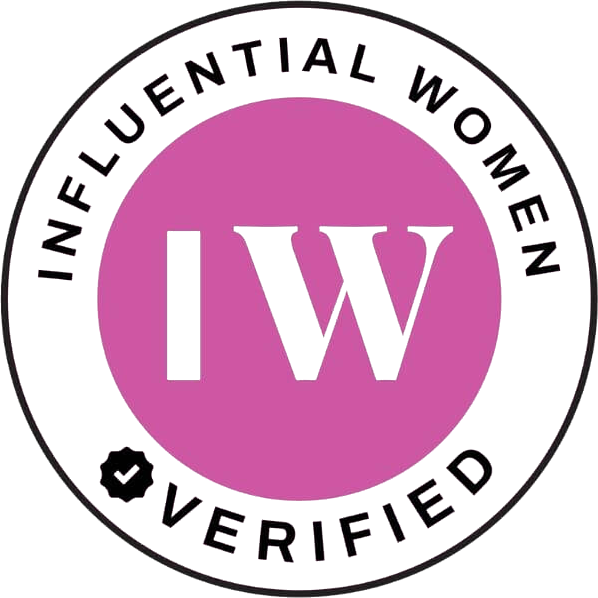 Badge with the text 'International Women Verified' surrounding a large pink circle with 'IW' in the center.